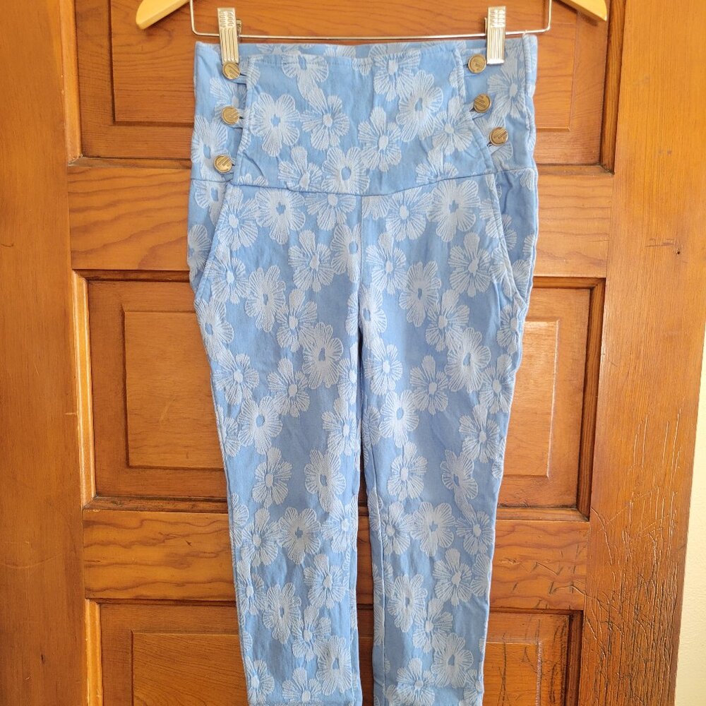 Floral Distressed Pattern Skinny Stretch Jeggings Button Up Detail Sz S/32